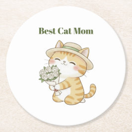 かわいい猫ガーデナーのバラの花束の紙コースター ラウンドペーパーコースター