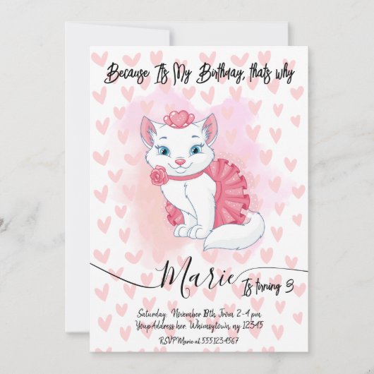 かわいい猫ガールの誕生日の招待状。 招待状 (正面)