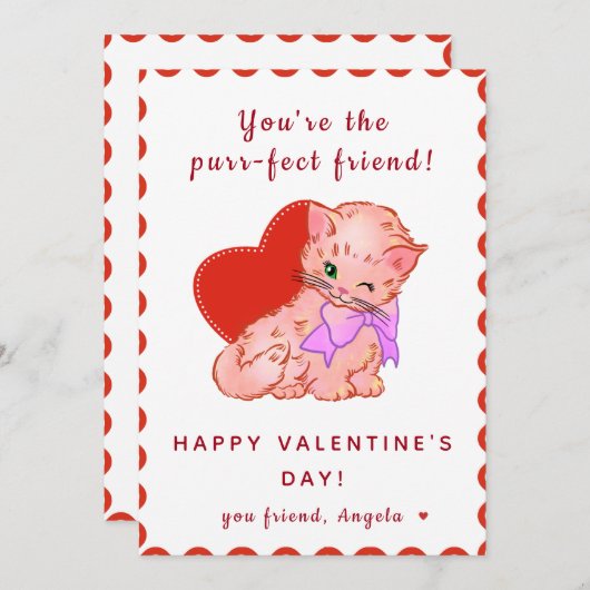 かわいい猫キッズガール教室の友達バレンタインデー シーズンカード (正面/裏面)