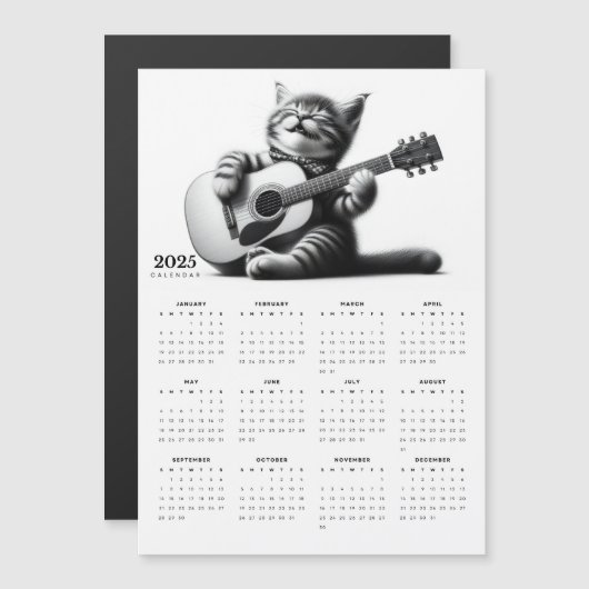 かわいい猫ギタリストスカーフ2025磁気カレンダー (正面/裏面)