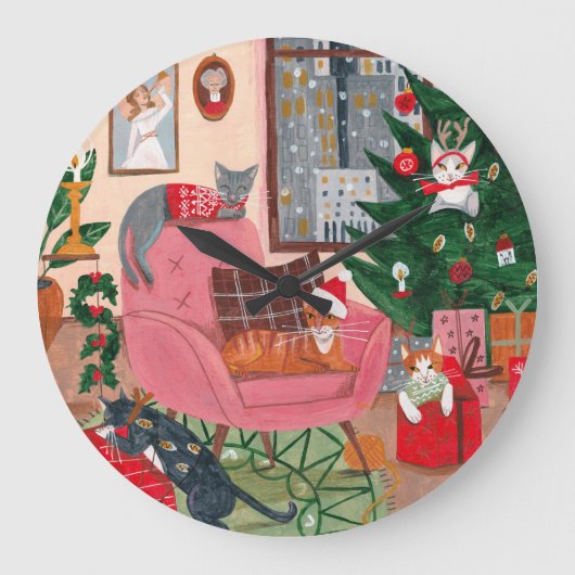かわいい猫クリスマスアート ラージ壁時計 (正面)
