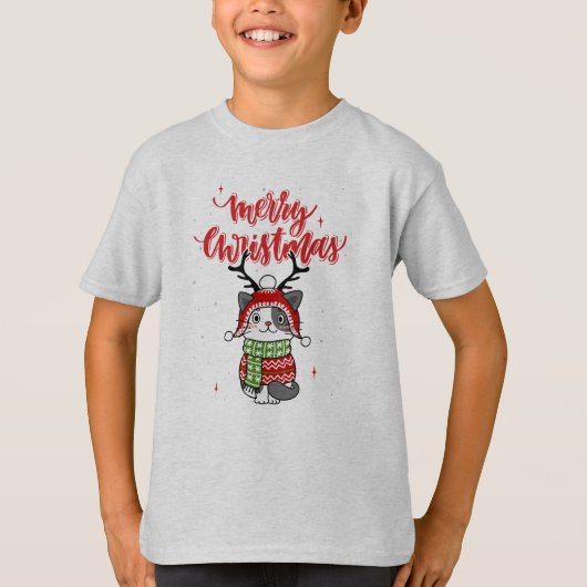 かわいい猫クリスマスストッキング詰め込み職人ガロール Tシャツ (正面)