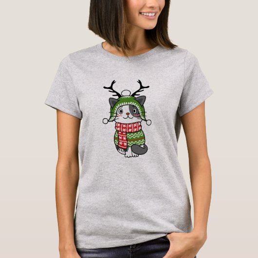 かわいい猫クリスマスストッキング詰め込み職人ガロール Tシャツ (正面)