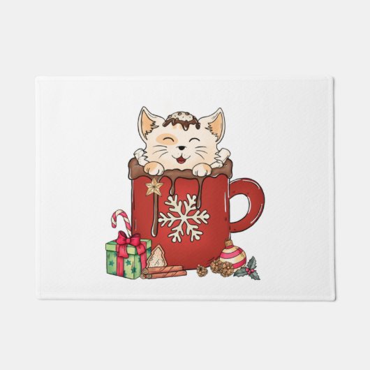 かわいい猫クリスマスチョコレートコーヒー ドアマット (正面)