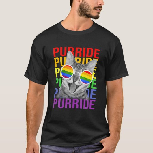 かわいい猫ゲイプライドレインボーフラッグサングラスLGBTQ P Tシャツ (正面)