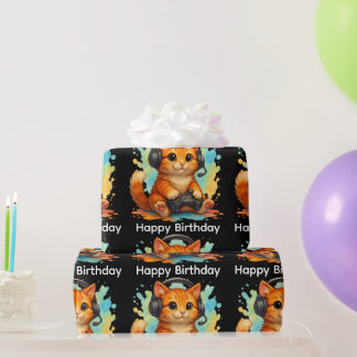 かわいい猫ゲーマーの誕生日ギフトラッピングペーパー ラッピングペーパー