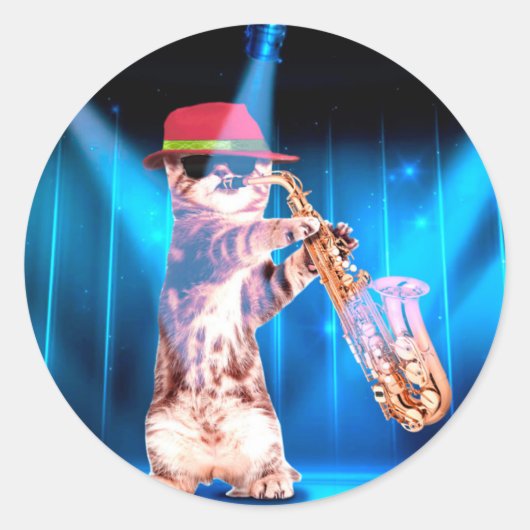 かわいい猫サクソフォン ラウンドシール (正面)