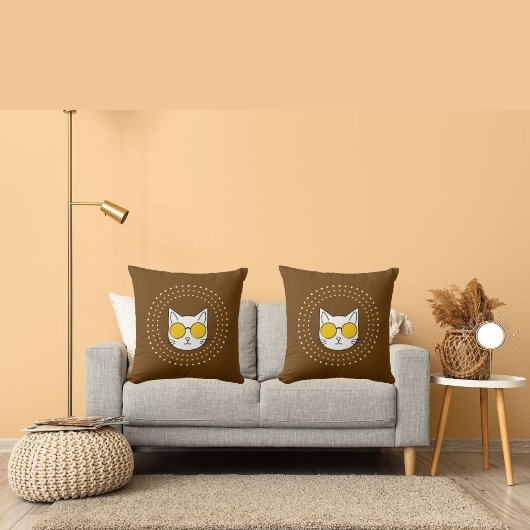 かわいい猫サングラスとドット入りイエローブルー クッション