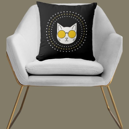 かわいい猫サングラスとドット入りイエロー白黒 クッション