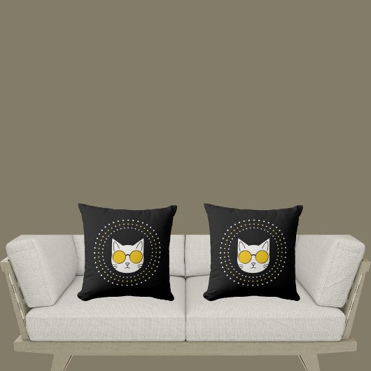 かわいい猫サングラスとドット入りイエロー白黒 クッション