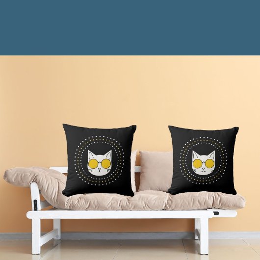 かわいい猫サングラスとドット入りイエロー白黒 クッション