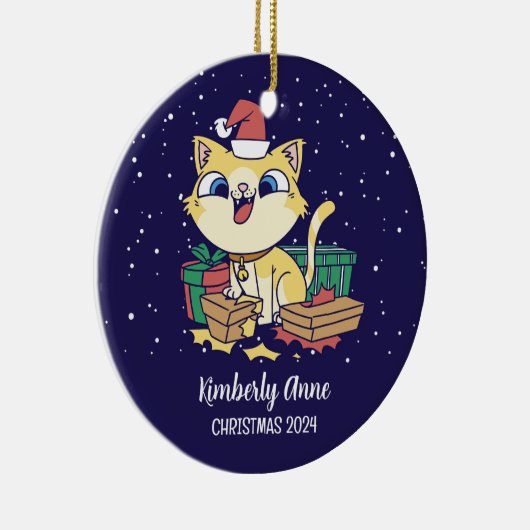 かわいい猫サンタクリスマススノーウィーウィンターホリデー セラミックオーナメント (右)