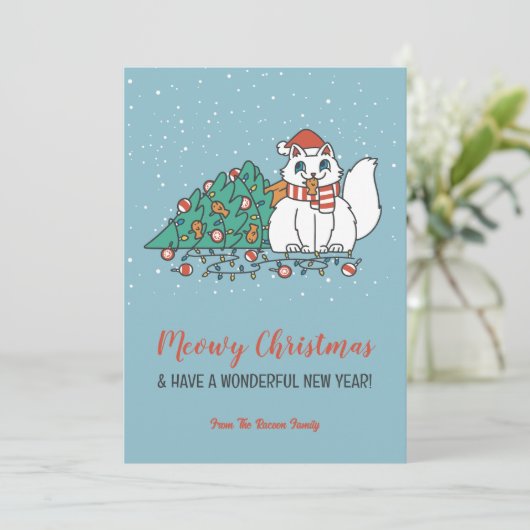 かわいい猫サンタハット雪の冬のミオウィクリスマス シーズンカード (スタンド正面)