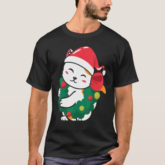 かわいい猫サンタ帽子クリスマスセーター Tシャツ (正面)