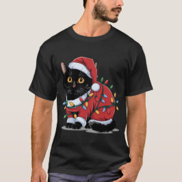 かわいい猫サンタ帽子コスチューム クリスマス ライト Tシャツ