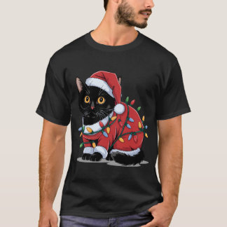 かわいい猫サンタ帽子コスチューム クリスマス ライト Tシャツ