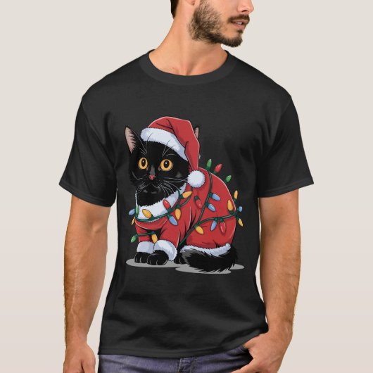 かわいい猫サンタ帽子コスチューム クリスマス ライト Tシャツ (正面)