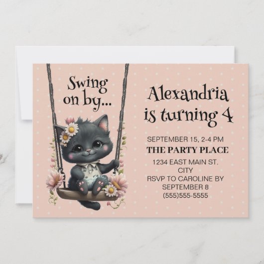 かわいい猫スイングオンザピンクドットチャイルド誕生日 招待状 (正面)