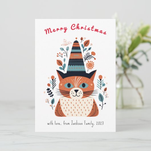 かわいい猫スカンジナビアフォークアートクリスマス シーズンカード (スタンド正面)