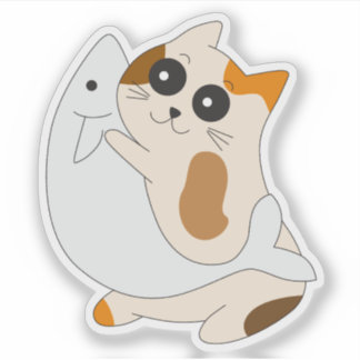 かわいい猫ステッカー;魚を持つ子猫 シール