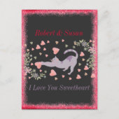 かわいい猫タイポグラフィピンク赤いハートバレンタインデー シーズンポストカード (正面)