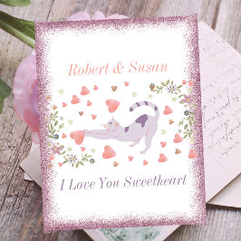 かわいい猫タイポグラフィピンク赤いハートバレンタインデー シーズンポストカード