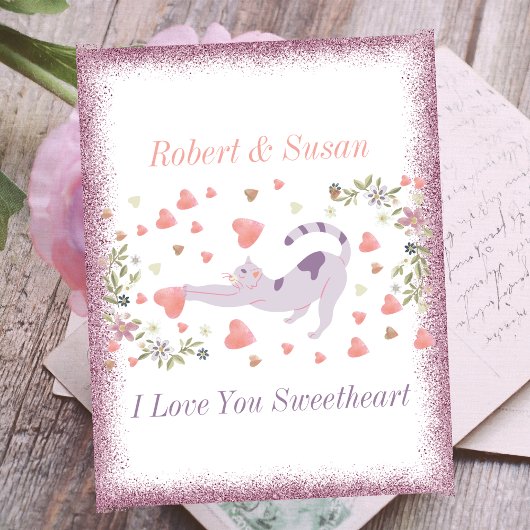 かわいい猫タイポグラフィピンク赤いハートバレンタインデー シーズンポストカード