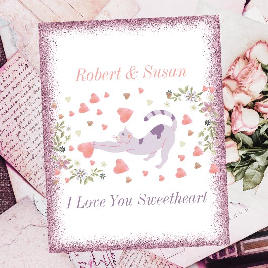 かわいい猫タイポグラフィピンク赤いハートバレンタインデー シーズンポストカード