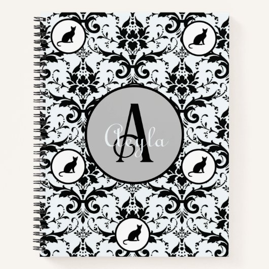 かわいい猫ダマスクパーソナライズされた水玉模様 ノートブック (正面)