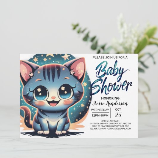 かわいい猫デジタル少年の赤ちゃんシャワー 招待状 (スタンド正面)