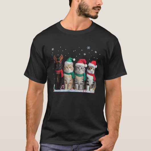 かわいい猫トナカイライトクリスマス猫面白いサンタ Tシャツ (正面)