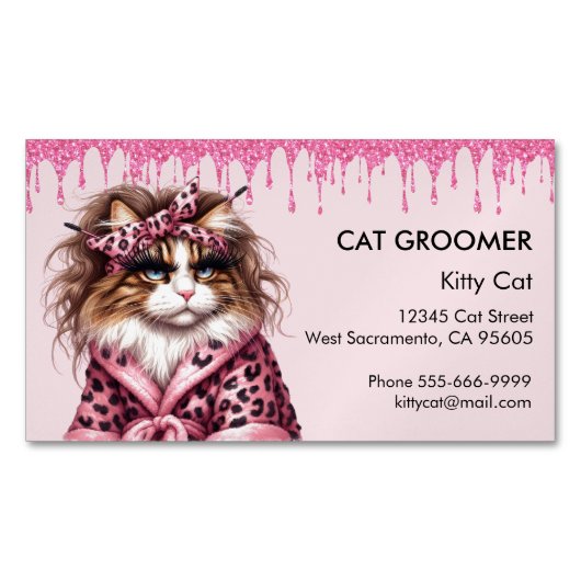 かわいい猫トリマーシッターピンクグリッタードリップ マグネット名刺 (正面)