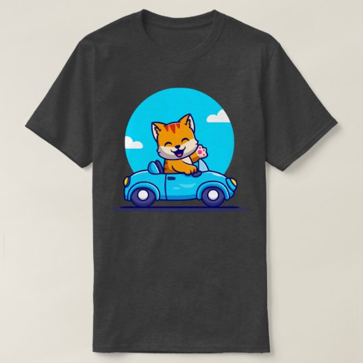 かわいい猫ドライビングカーアニメ Tシャツ (デザイン正面)