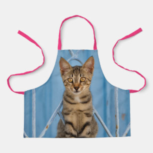 かわいい猫ネコちゃん青いフェンスに座る エプロン
