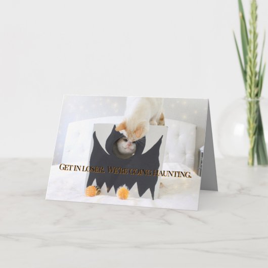 かわいい猫ハロウィーンのこうもり カード (正面)