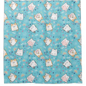 かわいい猫ハートレインボーポーフィッシュライトブルー シャワーカーテン (正面)