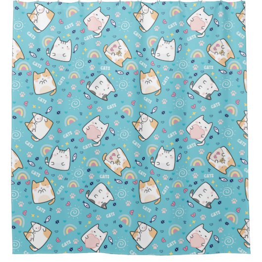 かわいい猫ハートレインボーポーフィッシュライトブルー シャワーカーテン (正面)