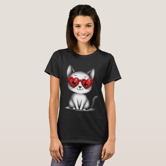 かわいい猫ハート眼鏡グラフィックTシャツ Tシャツ (正面フル)