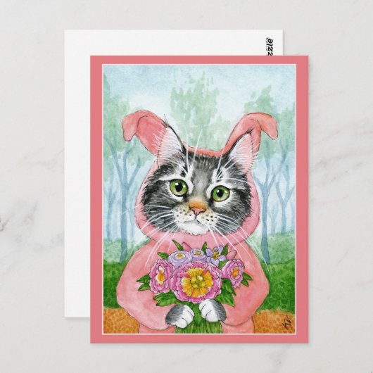 かわいい猫バニースーツの花ピンクのイースターハガキ ポストカード (正面/裏面)