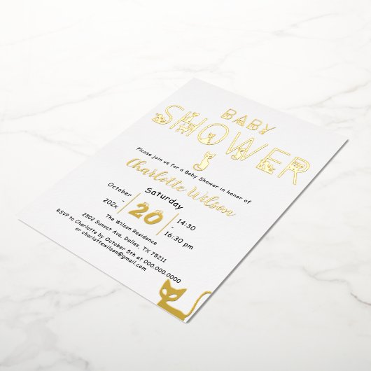 かわいい猫パステル色ベビーシャワー 箔招待状 (回転した状態)