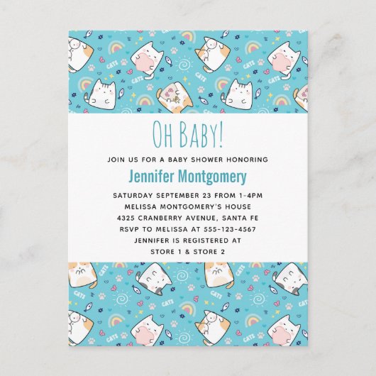 かわいい猫パタお洒落ン赤ちゃんシャワー インビテーションポストカード (正面)