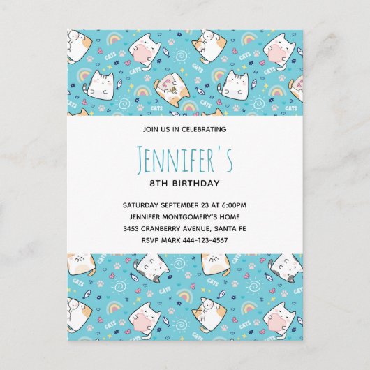 かわいい猫パターンお洒落誕生日 インビテーションポストカード (正面)
