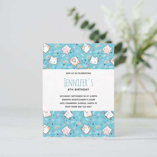 かわいい猫パターンお洒落誕生日 インビテーションポストカード (スタンド正面)
