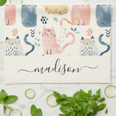 かわいい猫パターンのスクリプト名 キッチンタオル (折り畳み)