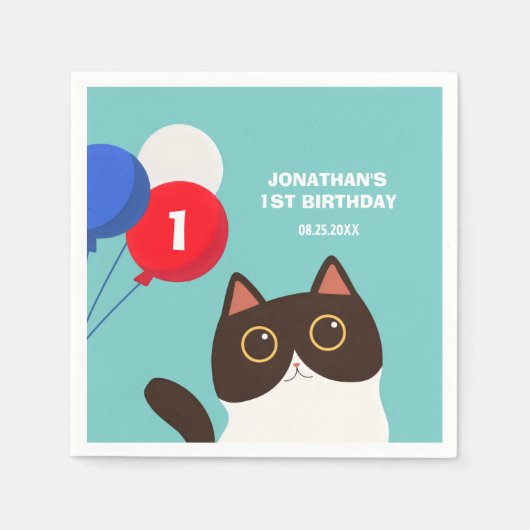 かわいい猫パーティー風船 子供の誕生日 スタンダードカクテルナプキン (正面)