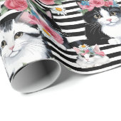 かわいい猫ピンクのバラと黒ストライプ色 ラッピングペーパー (ロールコーナー)