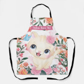 かわいい猫ピンクのバラの花のカスタムネーム エプロン (正面)