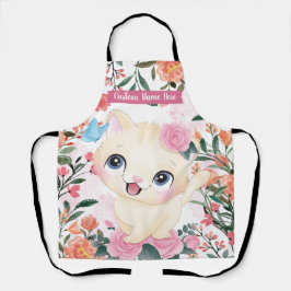 かわいい猫ピンクのバラの花のカスタムネーム エプロン