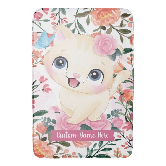 かわいい猫ピンクのバラの花のカスタムネーム バスマット (正面縦)