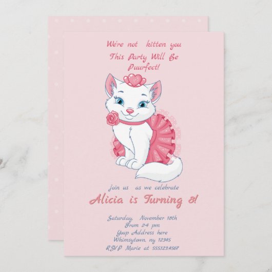 かわいい猫ピンクの女の子の誕生日の招待。 招待状 (正面/裏面)